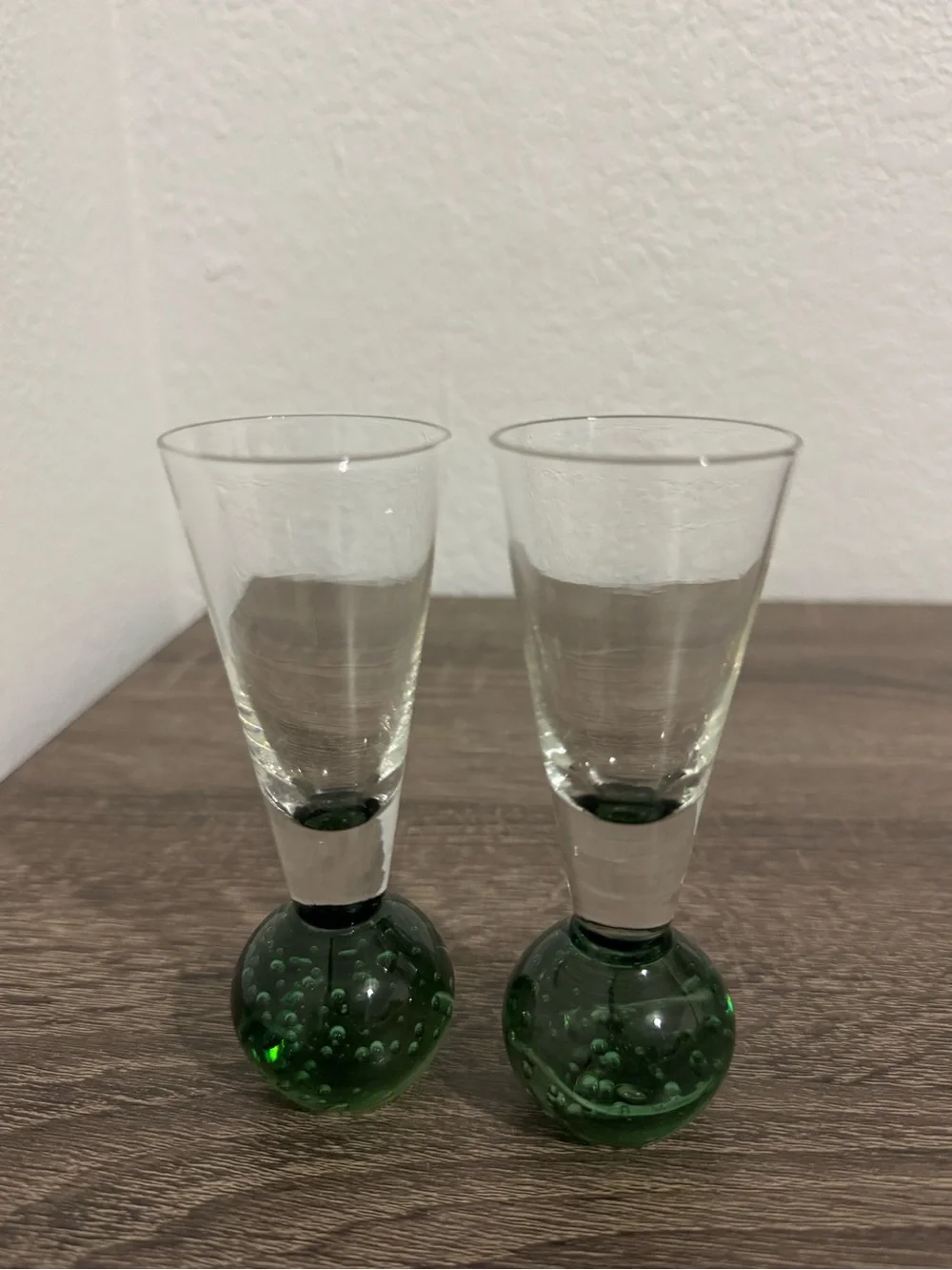Vintage Green Bulb Base w/Bullicante Bubbles Shot Glasses Set of 2
